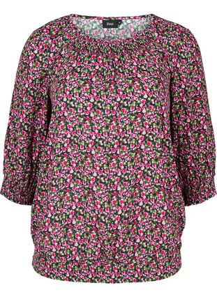 Printed viscose blouse with smock and 3/4 sleeves, Black AOP, Packshot image number 0
