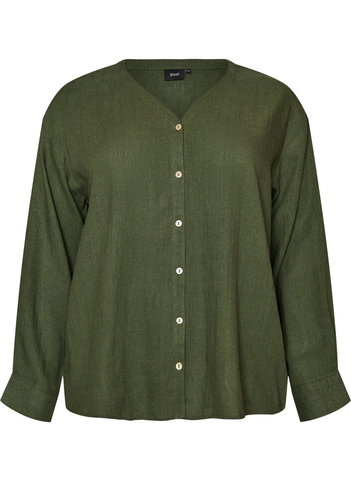 Blouse in linen and viscose with V-neck, Green, Packshot image number 0