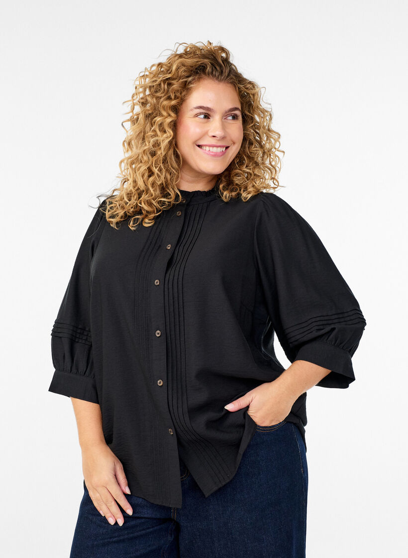 Blouse with 3/4 sleeves and decorative pleats, Black, Model image number 0