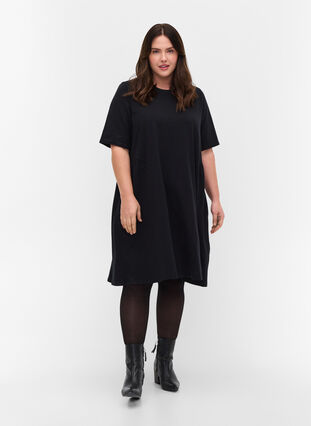 Short sleeve cotton dress with pleated skirt, Black, Model image number 2