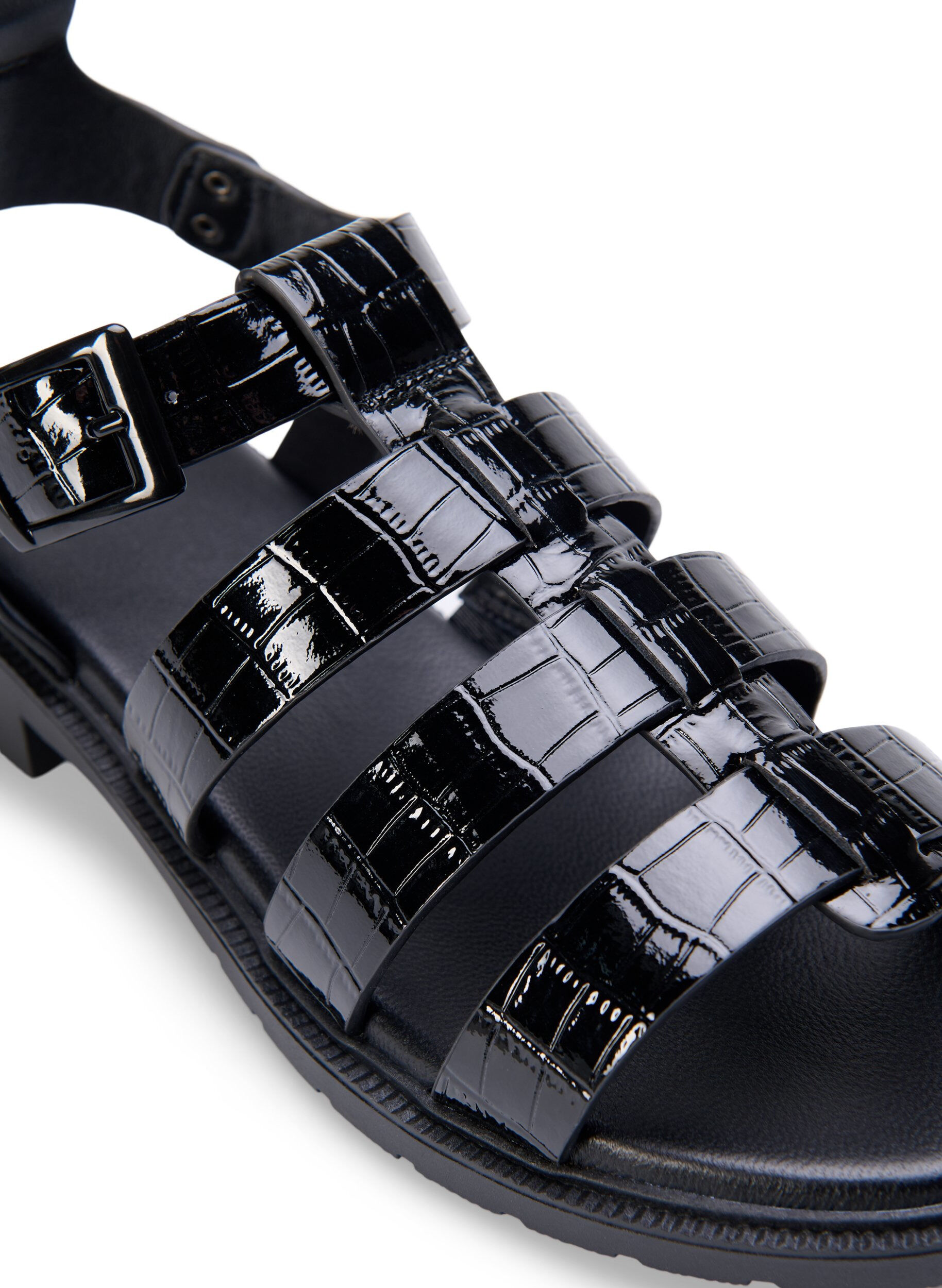 Zizzifashion Wide fit sandal in shiny crocodile leather, Black, Packshot image number 3