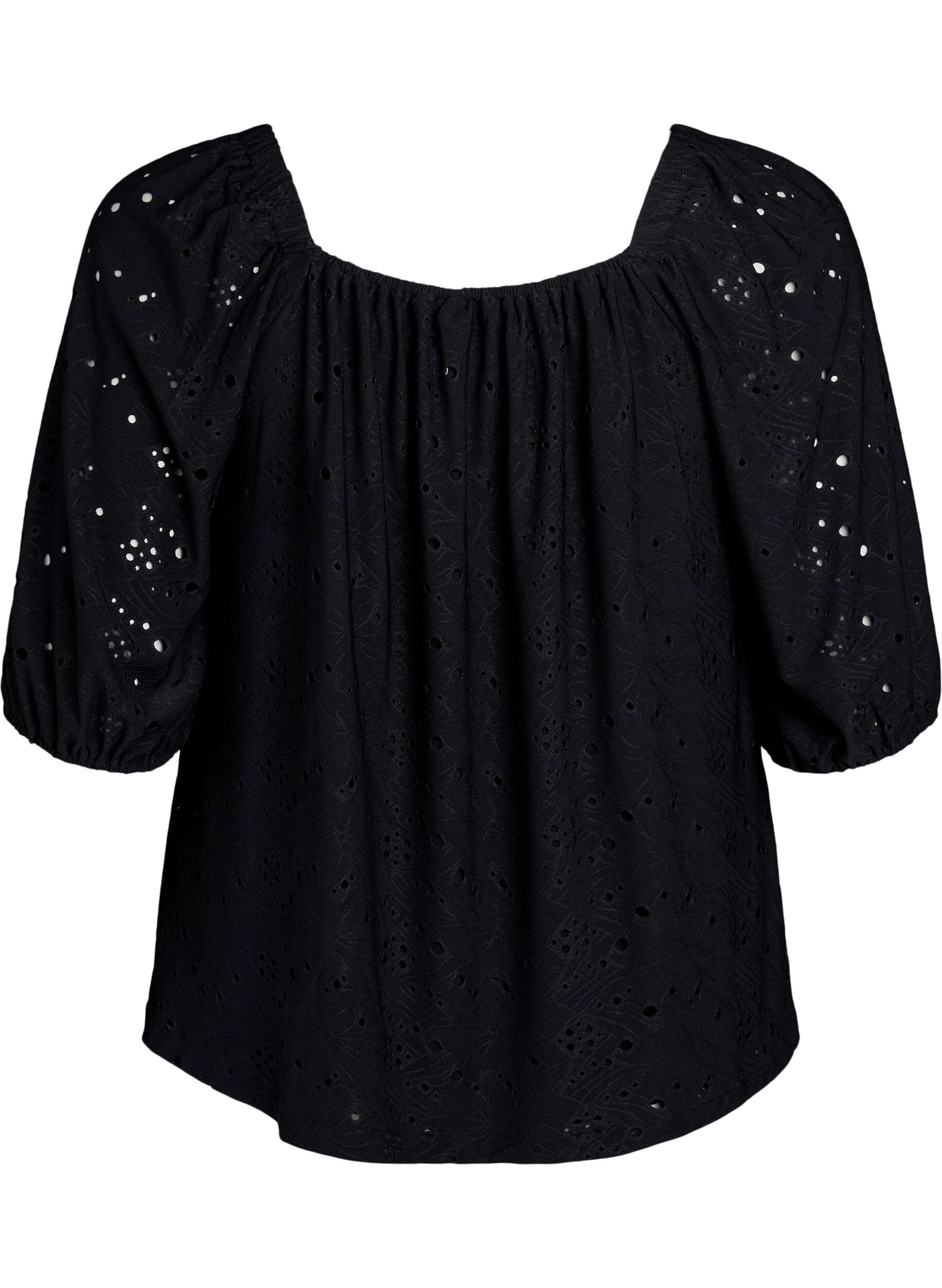 Zizzifashion Blouse with short puff sleeves and an openwork pattern, Black, Packshot image number 1