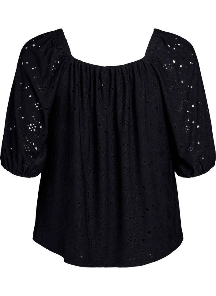 Blouse with short puff sleeves and an openwork pattern, Black, Packshot image number 1
