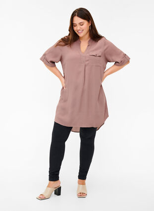 Viscose tunic with short sleeves, Deep Taupe, Model image number 2