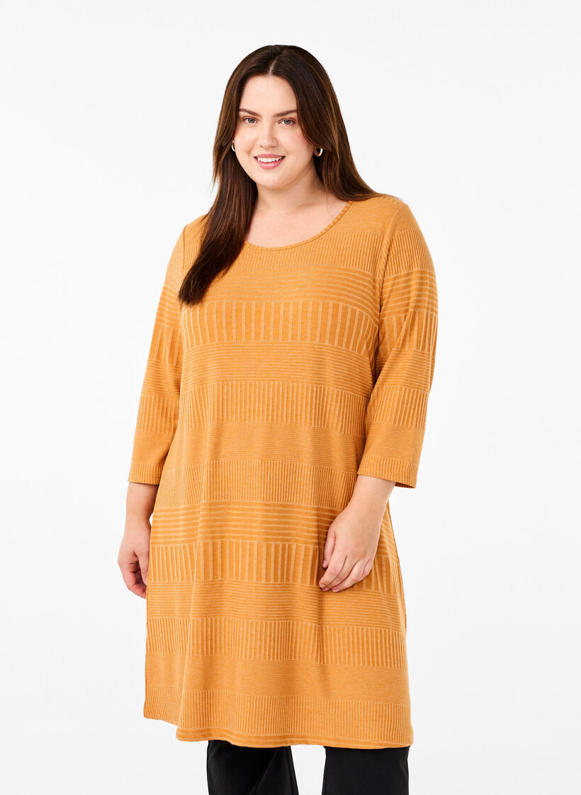 Dress with 3/4 sleeves and striped pattern, Sudan Brown Mel., Model image number 0