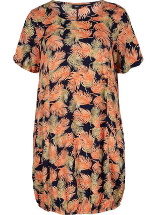 Short-sleeved viscose dress with print, Orange Leaf, Packshot image number 0