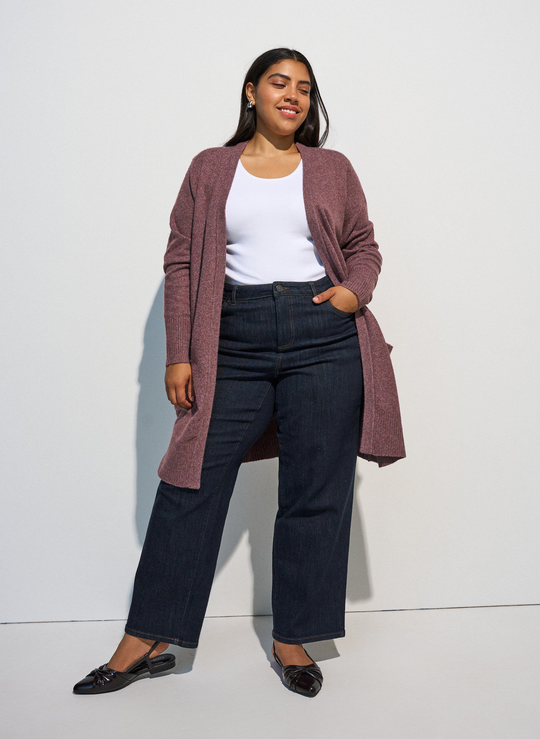 ZizzifashionRibbed Knit Cardigan with Pockets, Red, Model image number 1
