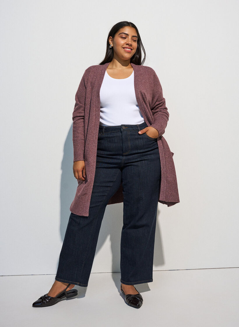 Ribbed Knit Cardigan with Pockets, Red, Model image number 1