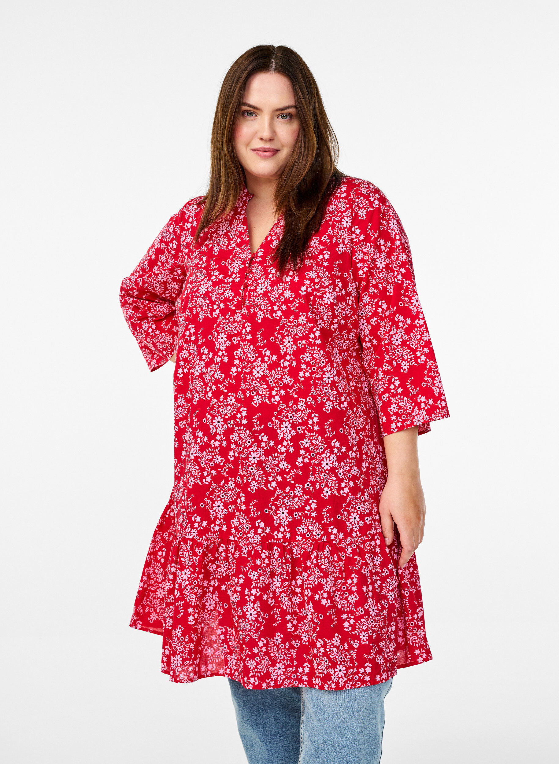 Zizzifashion Knee-length dress with floral print and 3/4 sleeves, Red, Model image number 0