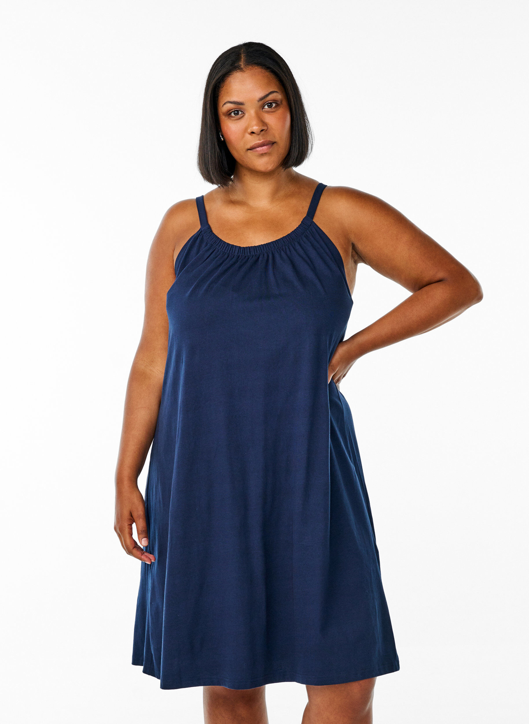 Knee-length strap dress in organic cotton, Blue, Model