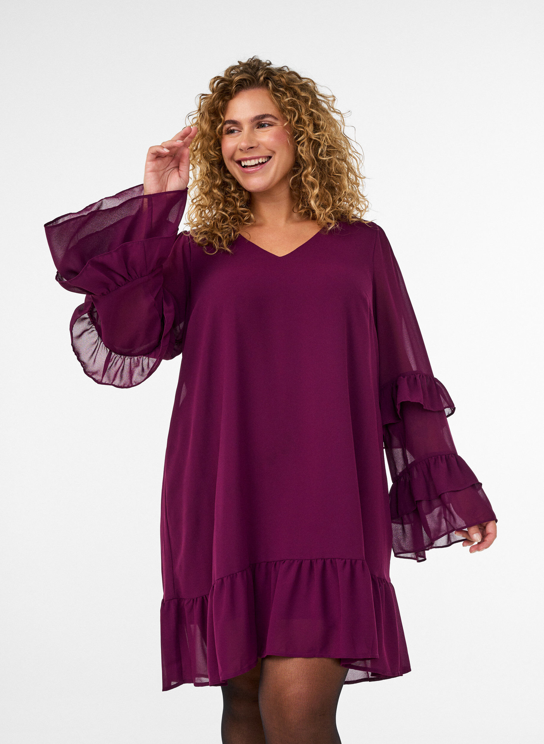 ZizzifashionShort dress with sheer ruffle sleeves, Purple, Model image number 3