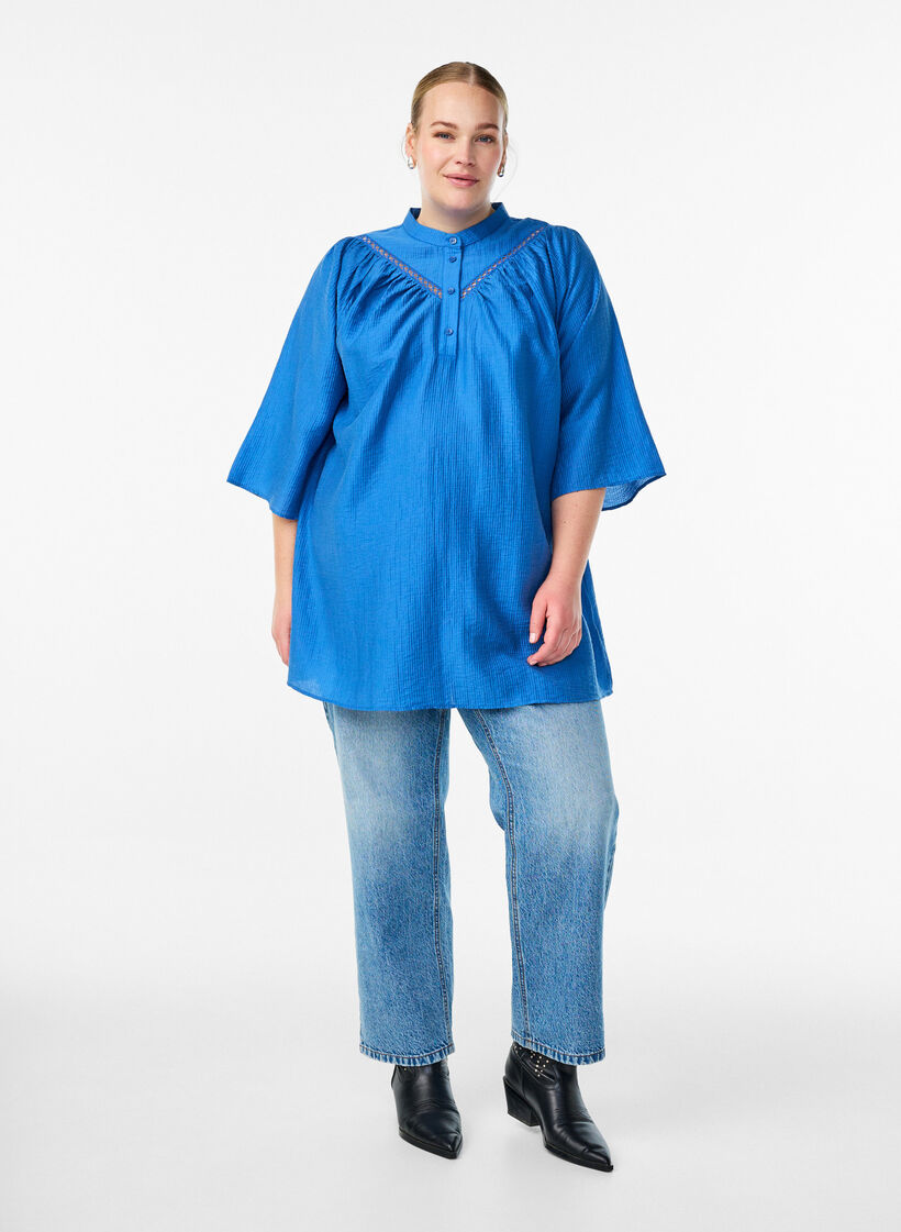 Tunic with crochet trims and striped texture, Blue, Model image number 1