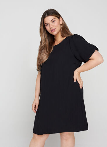 Short-sleeved viscose dress with A-line cut, Black, Model image number 0