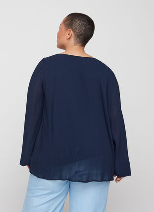 Long-sleeved pleated blouse with v-neck, Night Sky, Model image number 1