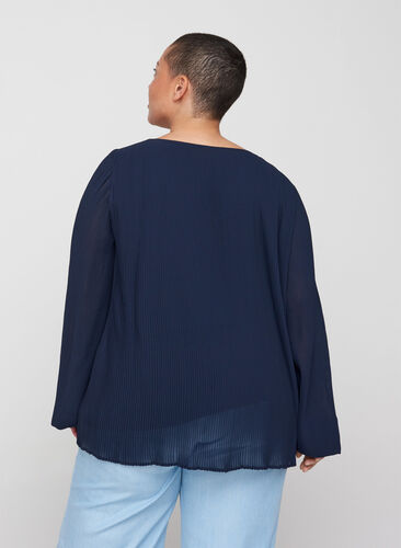 Long-sleeved pleated blouse with v-neck, Night Sky, Model image number 1