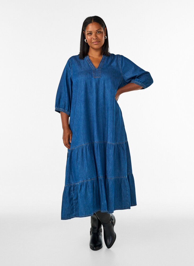 Denim maxi dress with frilled tiers, Blue, Model image number 0