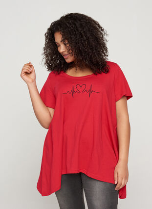 Short-sleeved cotton t-shirt with a-line, Lipstick Red HEART, Model image number 0