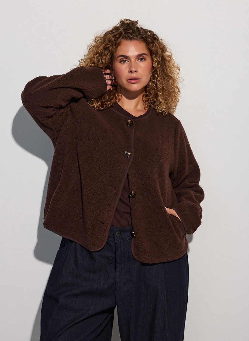 Teddy jacket with a round neck and buttons, Brown, Model image number 0