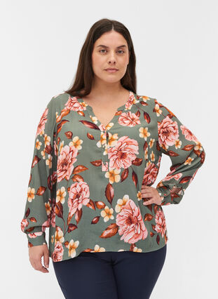 Long sleeve viscose blouse with floral print, Flower AOP, Model image number 0