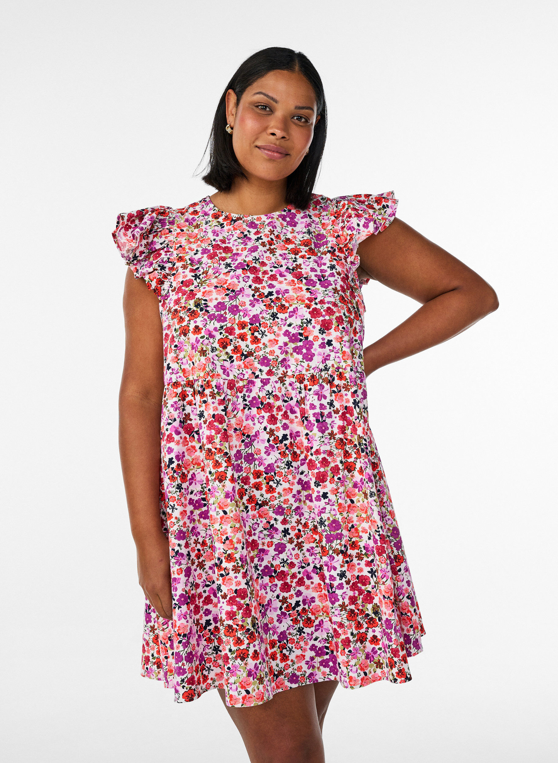 Floral cotton dress with ruffles and V-neck, Pink, Model