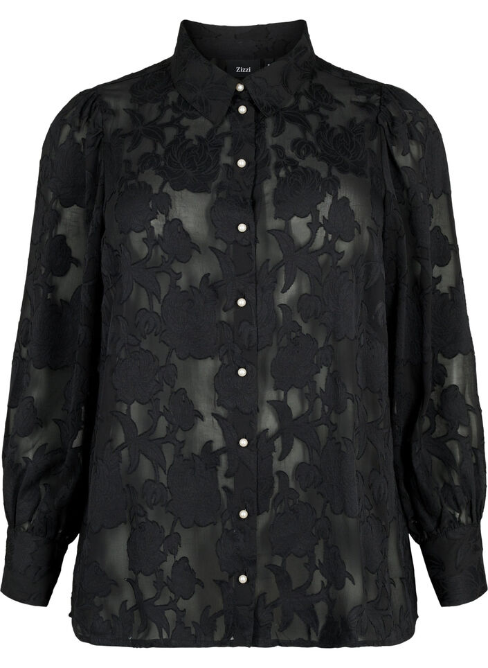 Jacquard shirt with pearl buttons, Black, Packshot image number 0