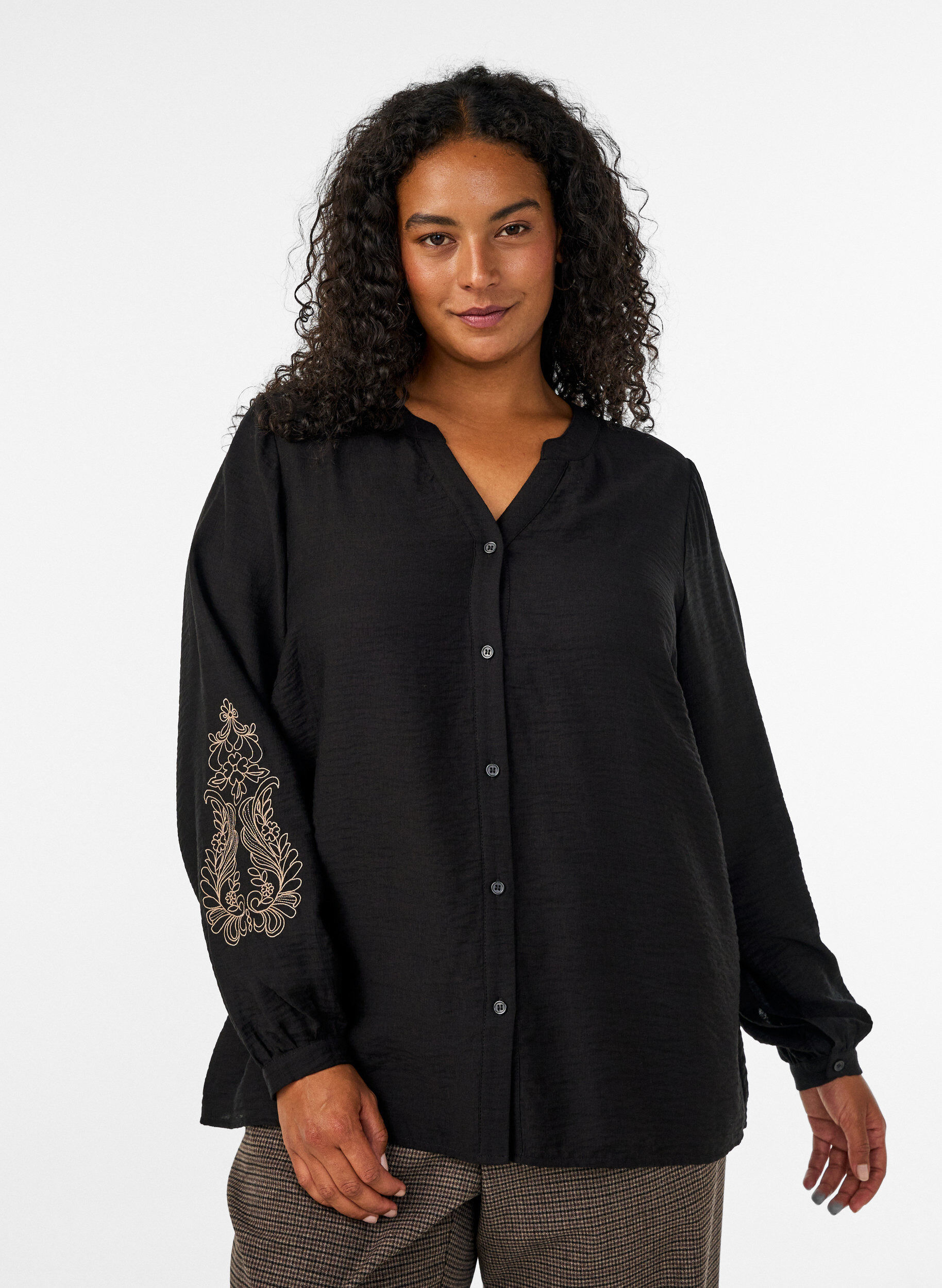 ZizzifashionViscose shirt with embroidered sleeves, Black, Model image number 0