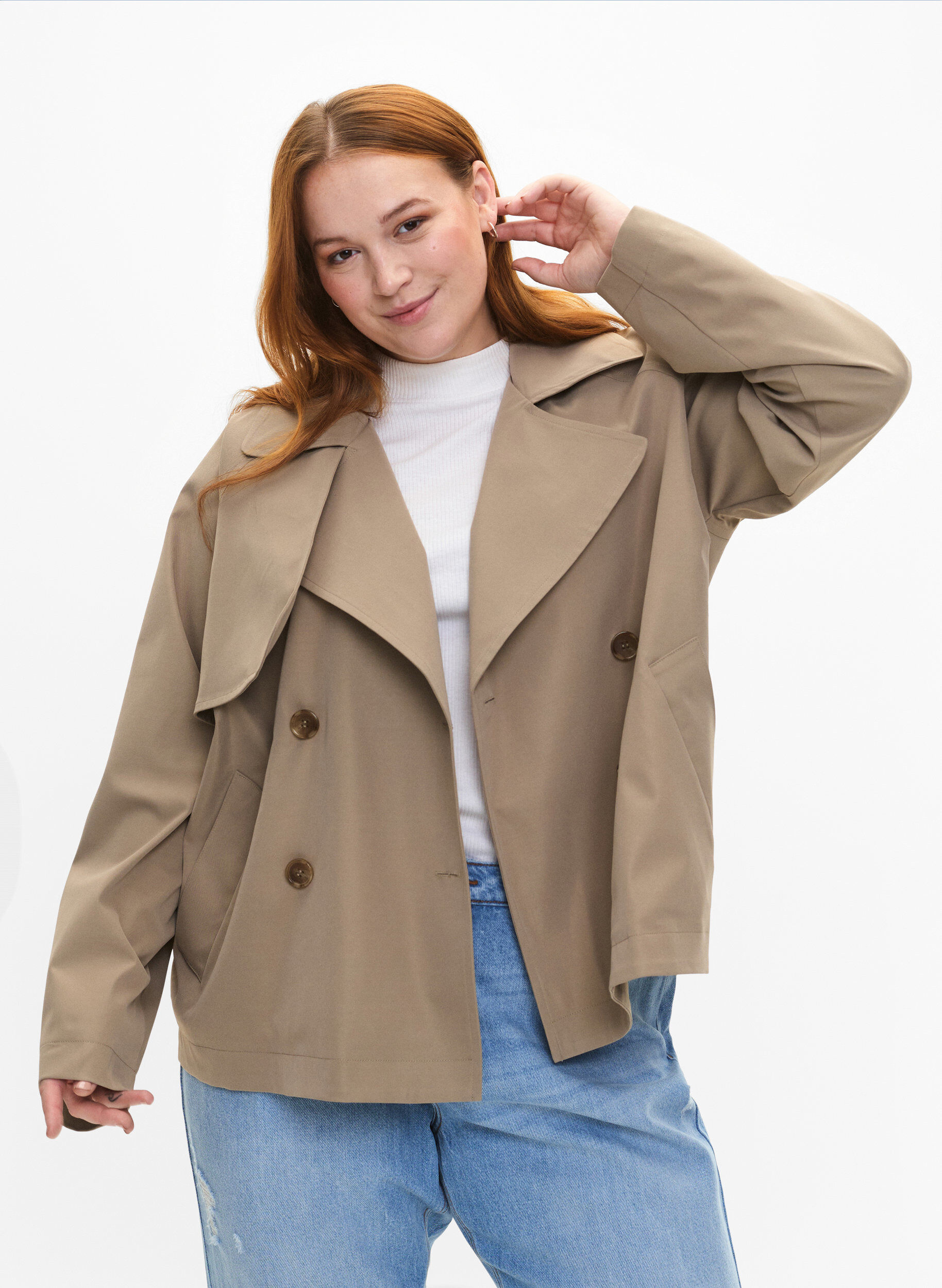 Zizzifashion Short trench coat with snap button closure, Coriander, Model image number 0