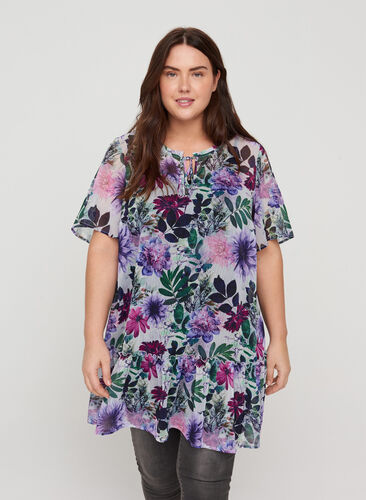 Short-sleeved tunic with a floral print, Purple Flower mix, Model image number 0