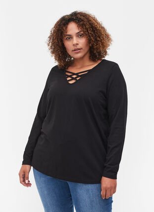 Plain, long-sleeved blouse, Black, Model image number 0