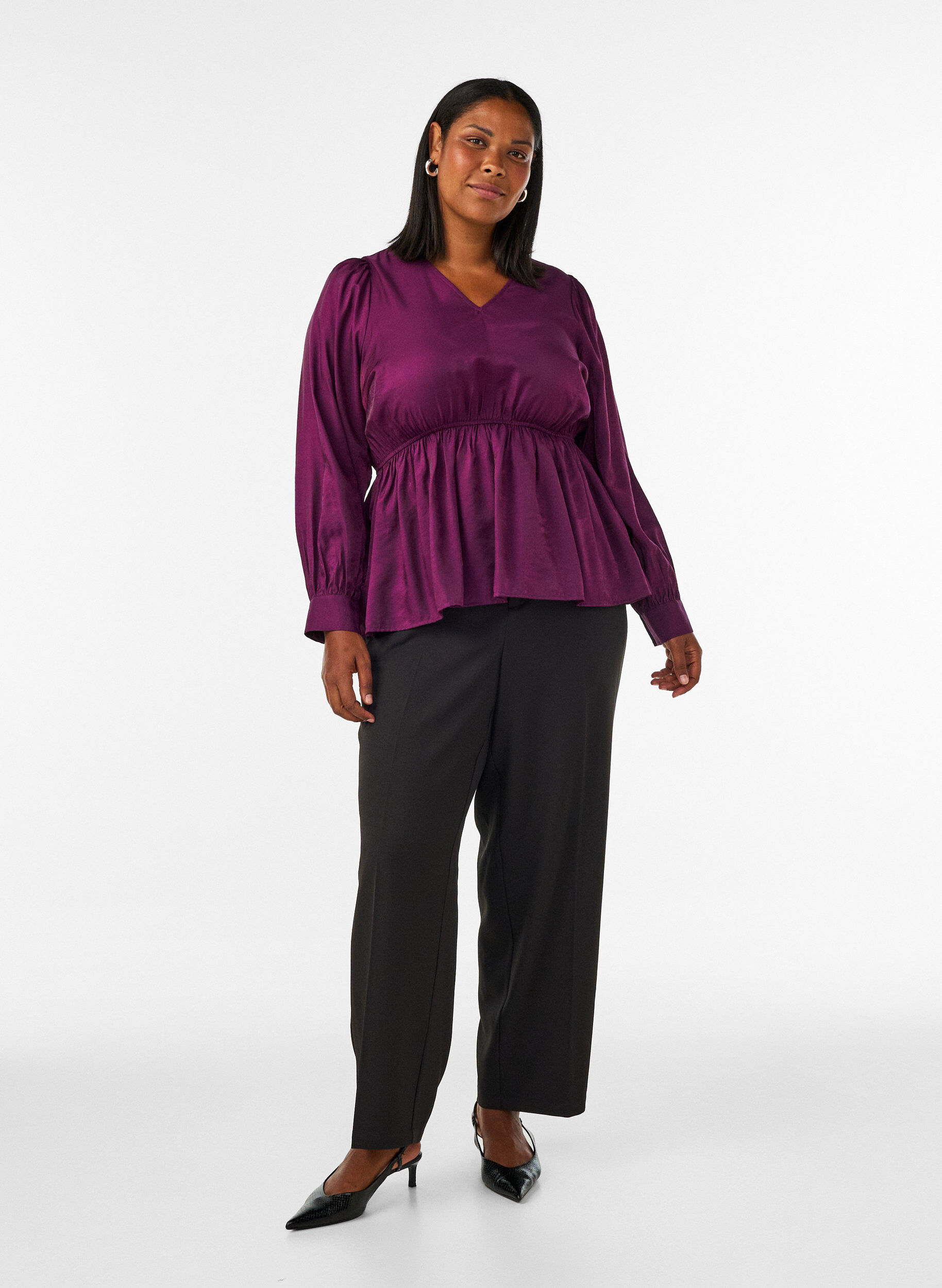 ZizzifashionShiny viscose blouse with peplum effect, Purple, Model image number 1