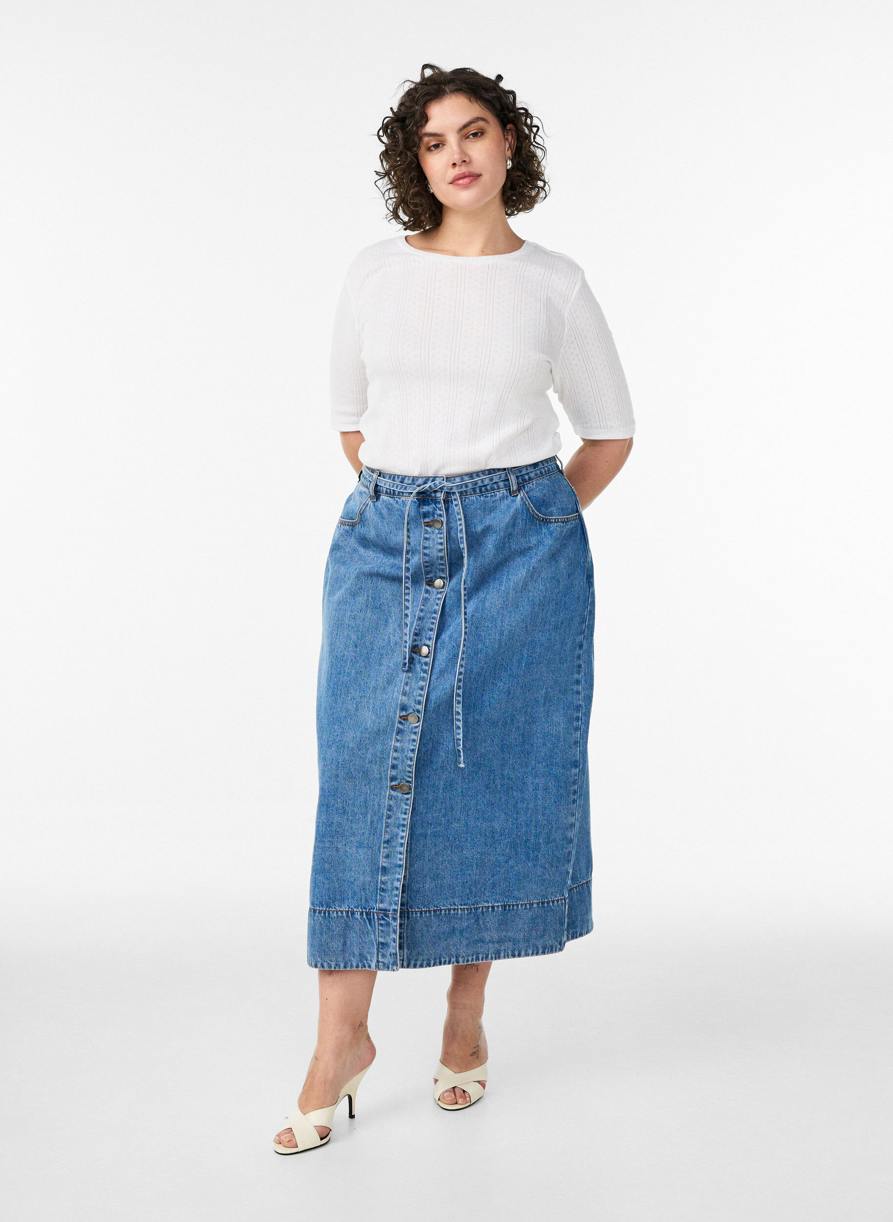 Long denim skirt with buttons and tie-belt, Blue, Model