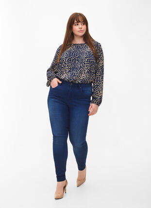 Blouse with puff sleeves, Navy B./Beige Dot, Model image number 2