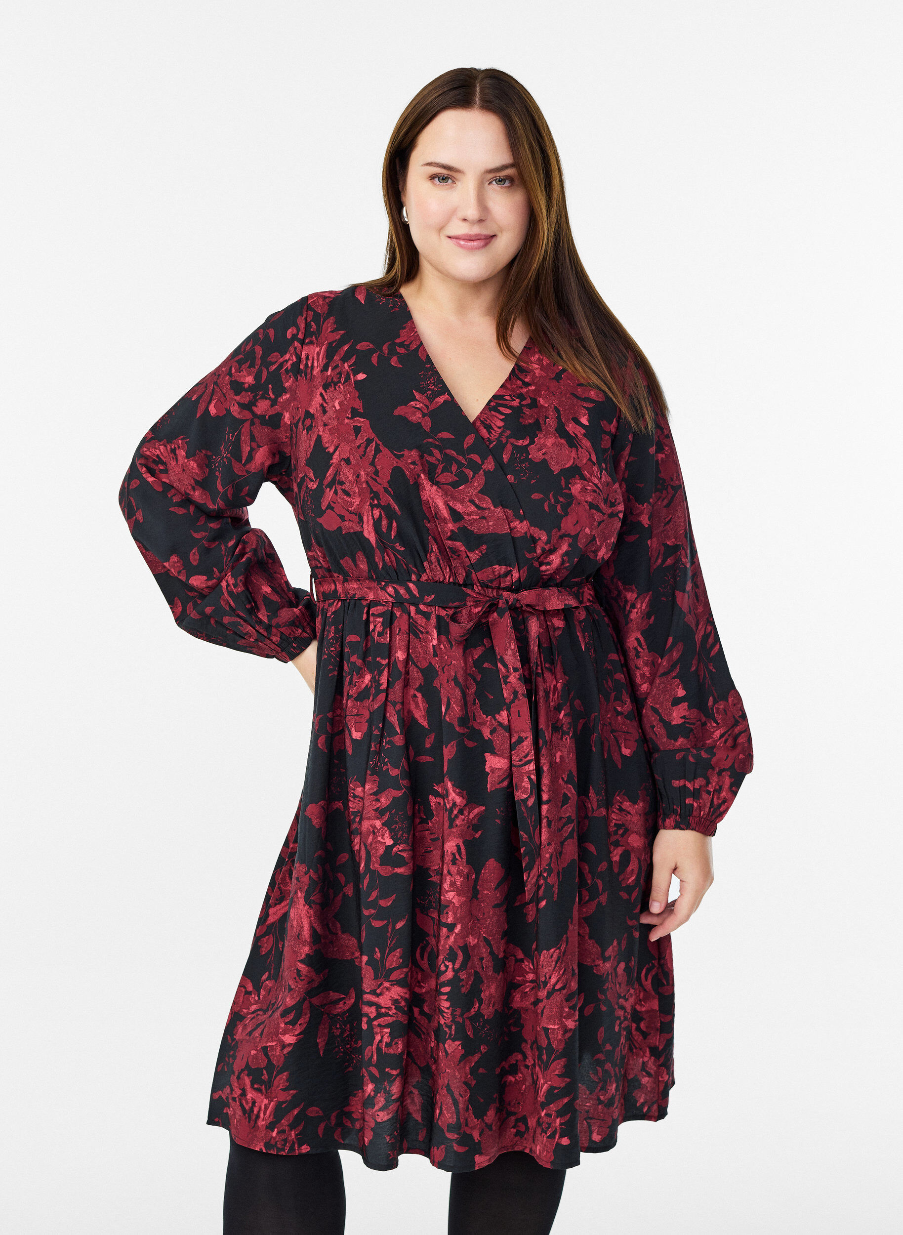 Knee-length dress with tie-belt and wrap-look, Black, Model