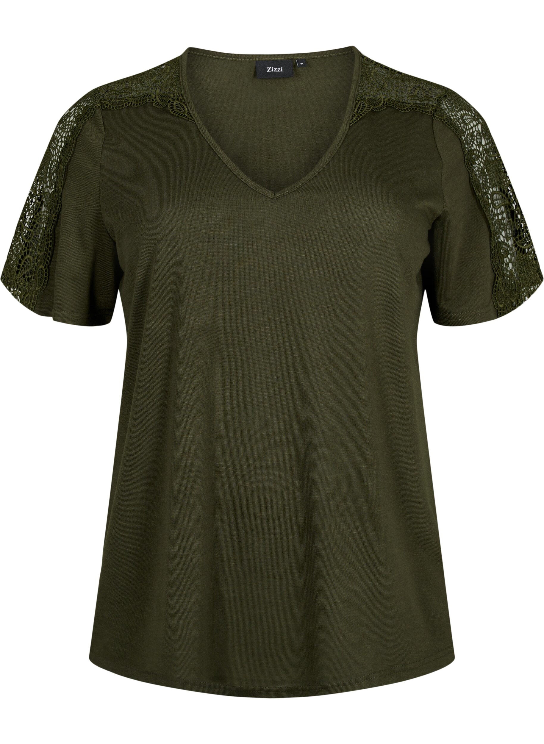 Zizzifashion Short-sleeved blouse with lace and v-neck, Forest Night, Packshot image number 0