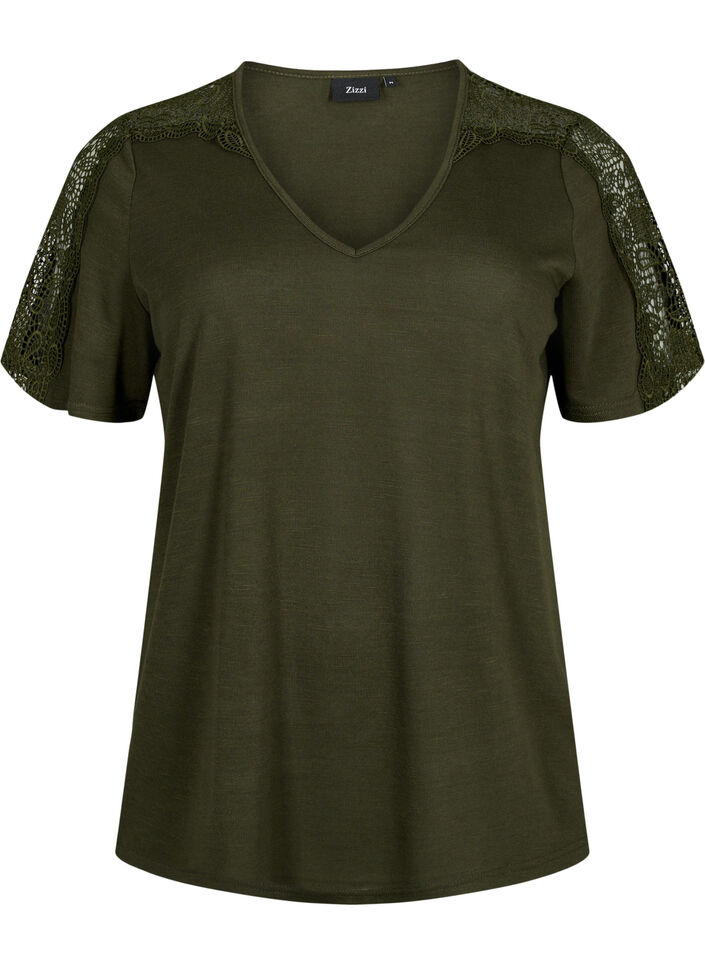 Short-sleeved blouse with lace and v-neck, Forest Night, Packshot image number 0