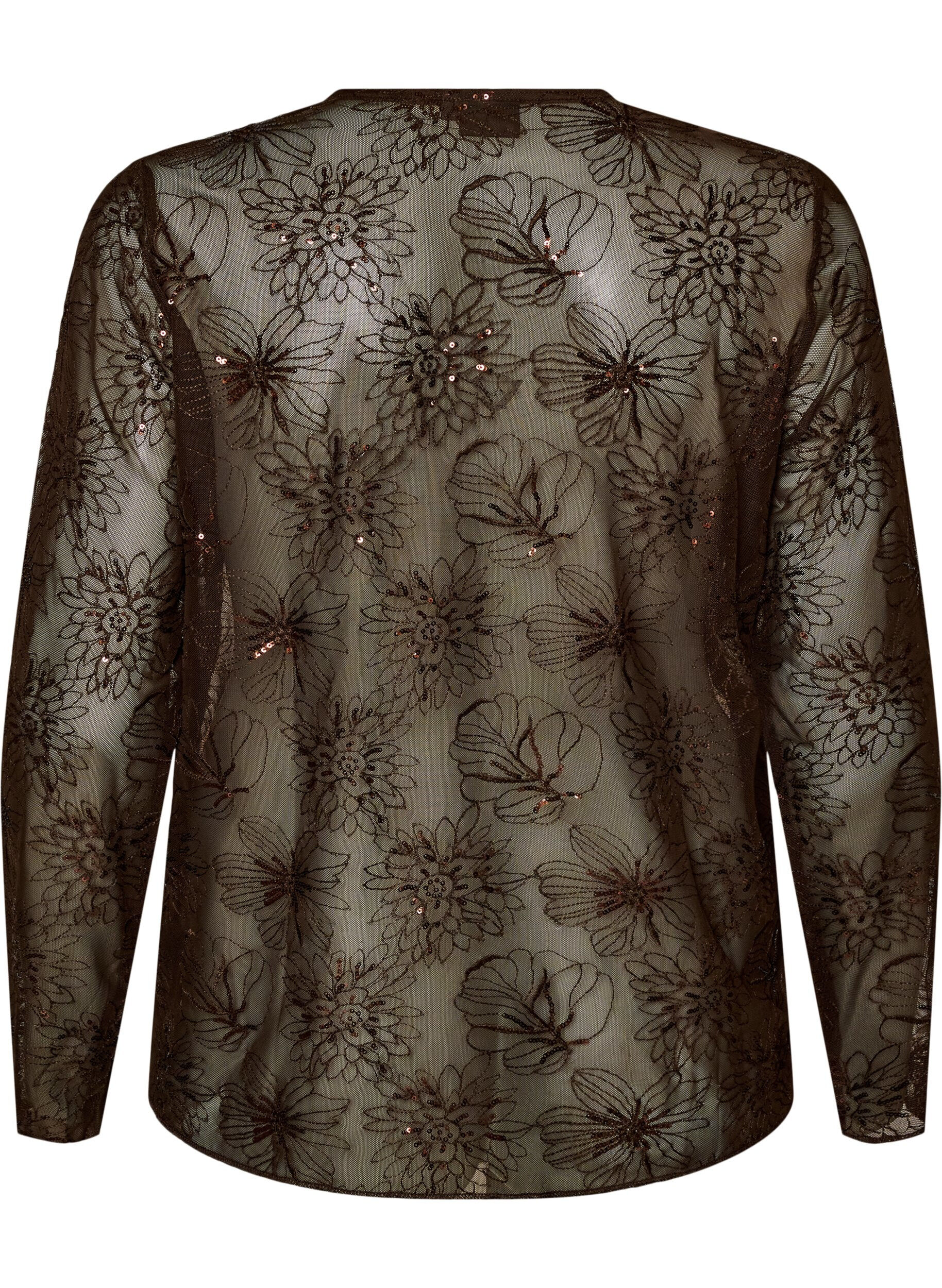 ZizzifashionMesh blouse with flowers and sequins, Brown, Packshot image number 1