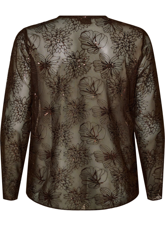 Mesh blouse with flowers and sequins, Brown, Packshot image number 1