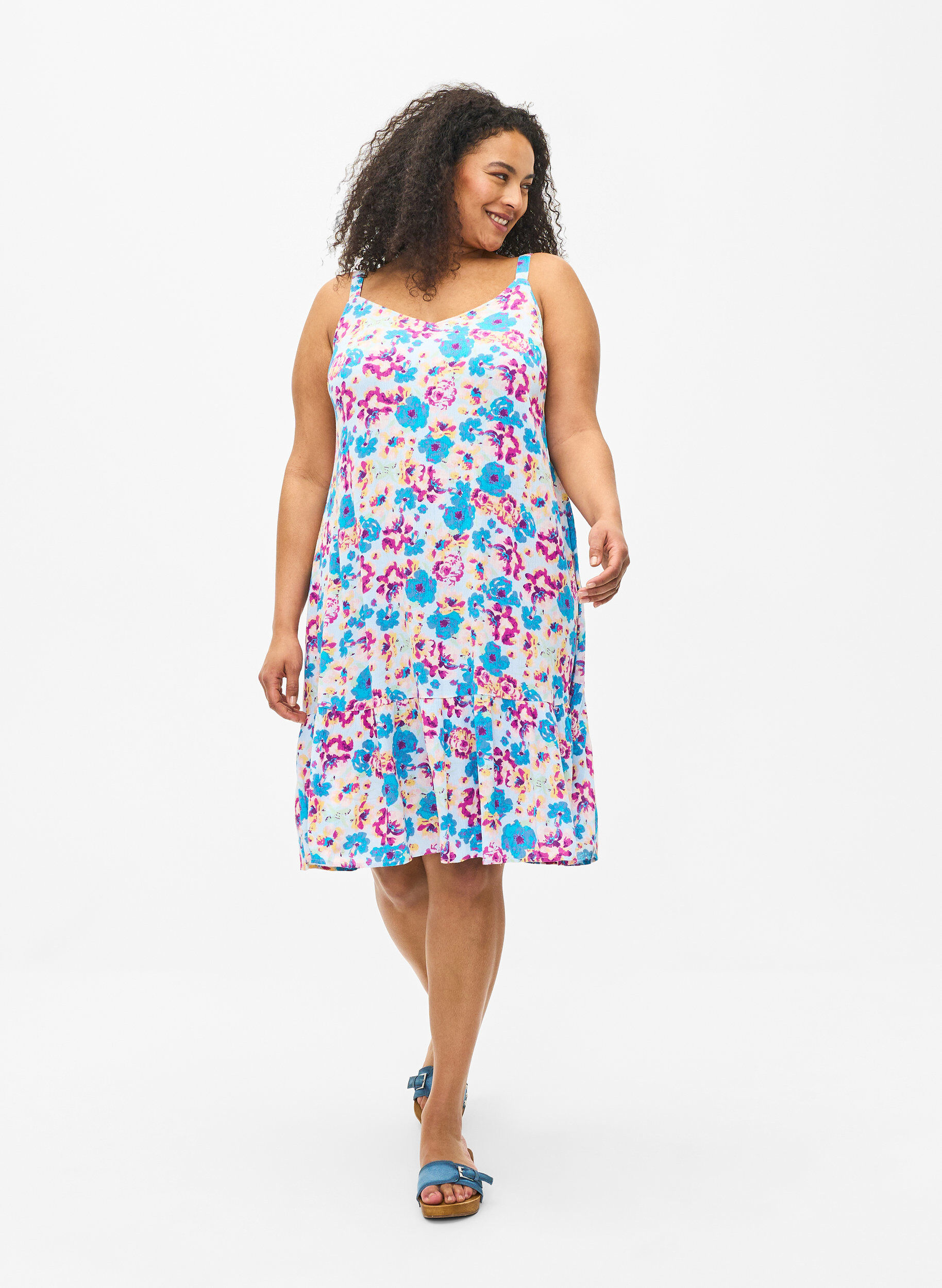 Zizzifashion Viscose summer dress with straps, Multi Flower AOP, Model image number 2