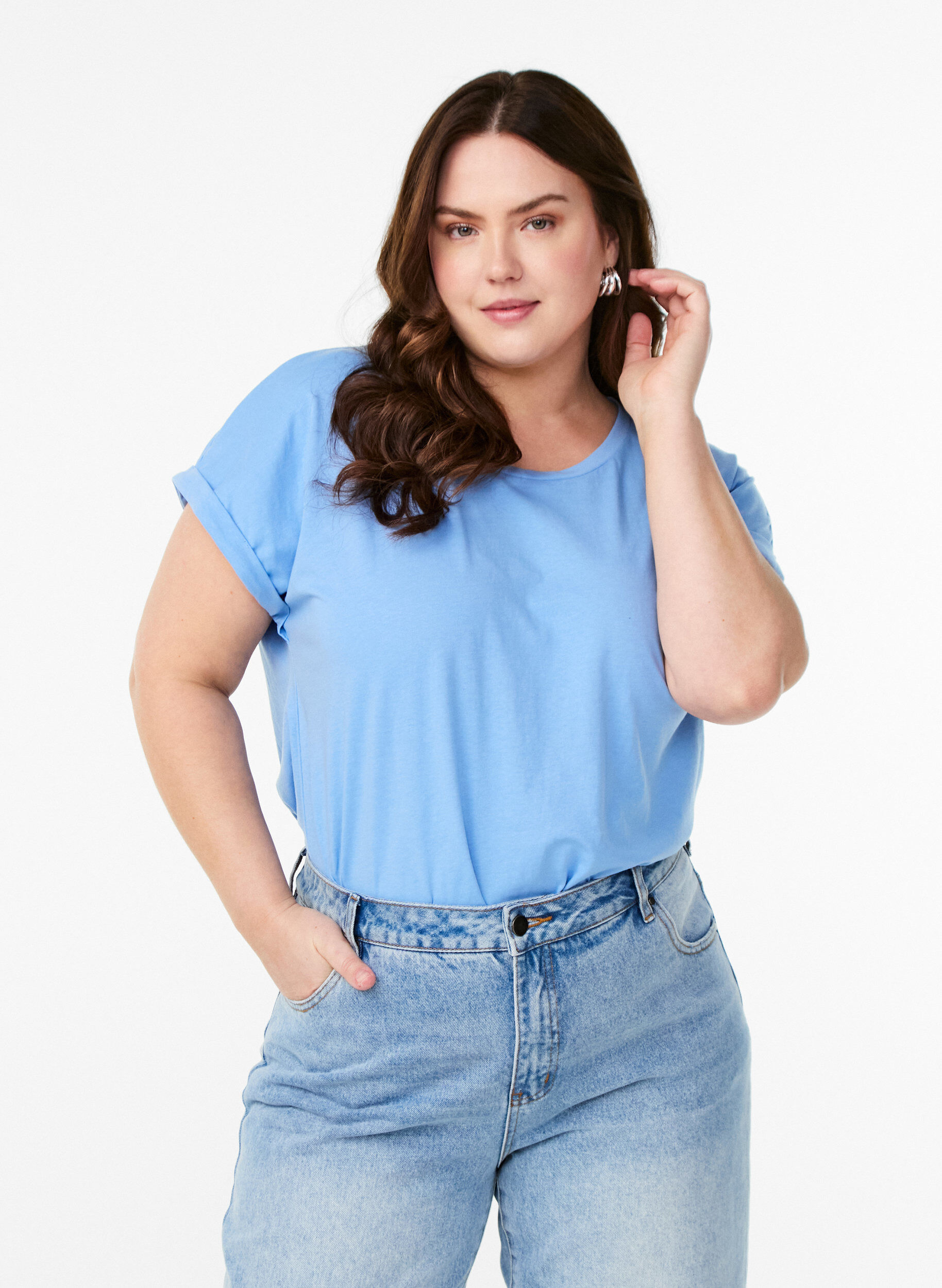 Short sleeve cotton blend T-shirt, Light Blue, Model