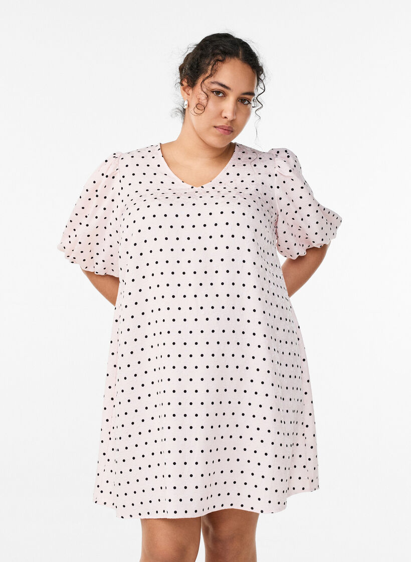 Polka dot A-line dress with balloon sleeves, Pink, Model image number 0