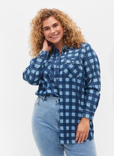 Checkered cotton shirt, Blue Check, Model image number 0