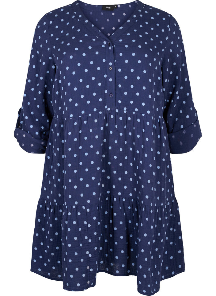 Short cotton muslin dress with polka dots, Blue, Packshot image number 0