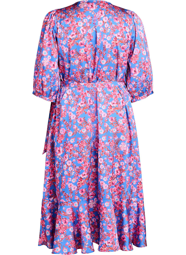Floral wrap dress with 3/4 sleeves, Blue, Packshot image number 1