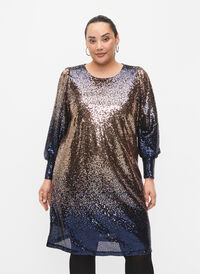 Sequin dress with balloon sleeves, Evening Blue Cobber, Model