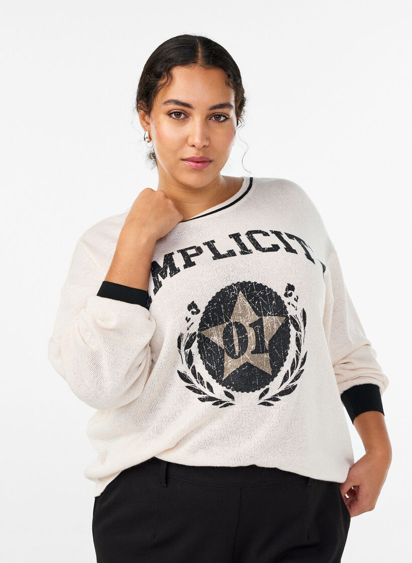 Sweatshirt in structured jersey with front print, Beige, Model image number 0