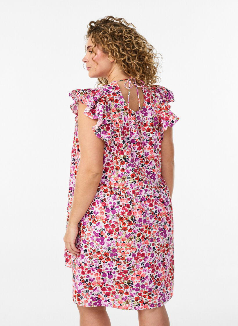 Floral cotton dress with ruffles and V-neck, Pink, Model image number 2
