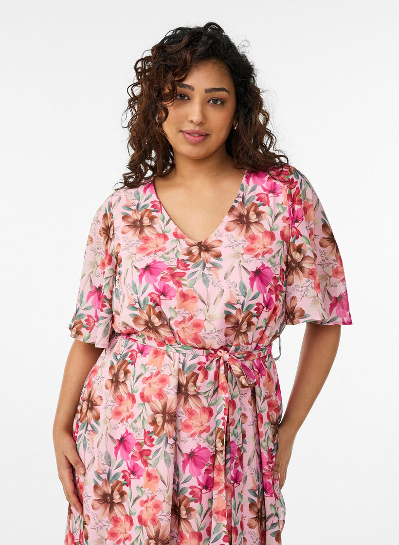 Chiffon maxi dress with a V-neck and ruffle hem, , Model image number 2