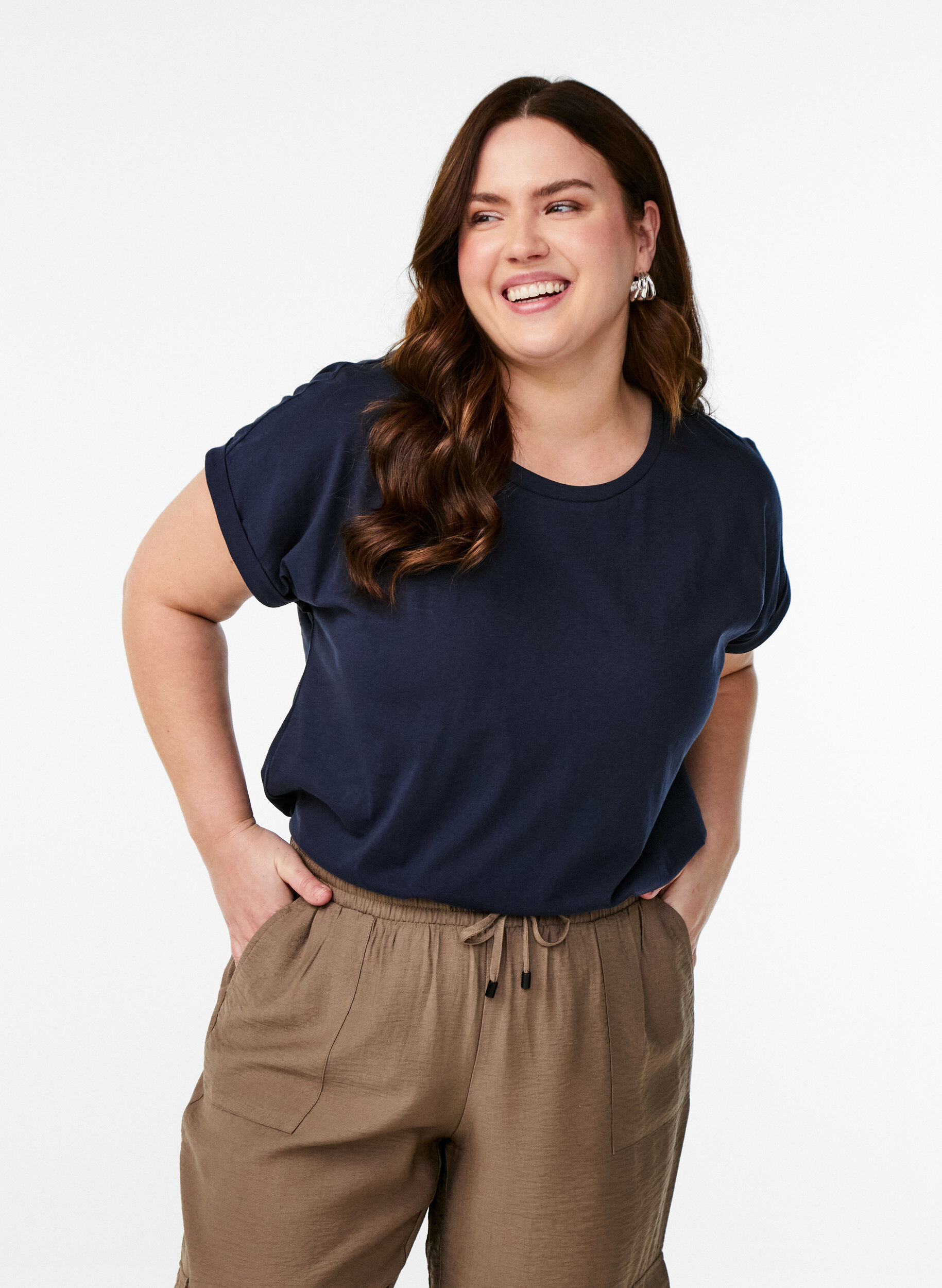 Short sleeved cotton blend t-shirt, Blue, Model