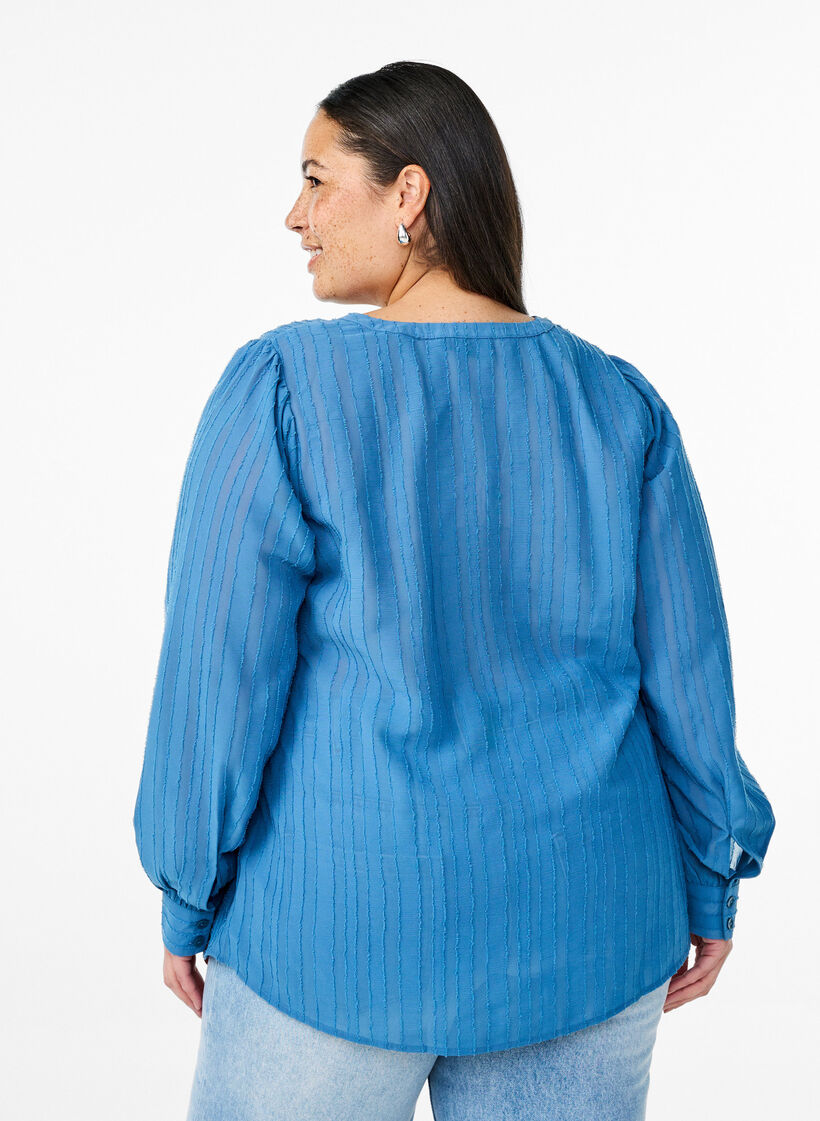 Striped shirt blouse with sheer stripes, Blue, Model image number 2