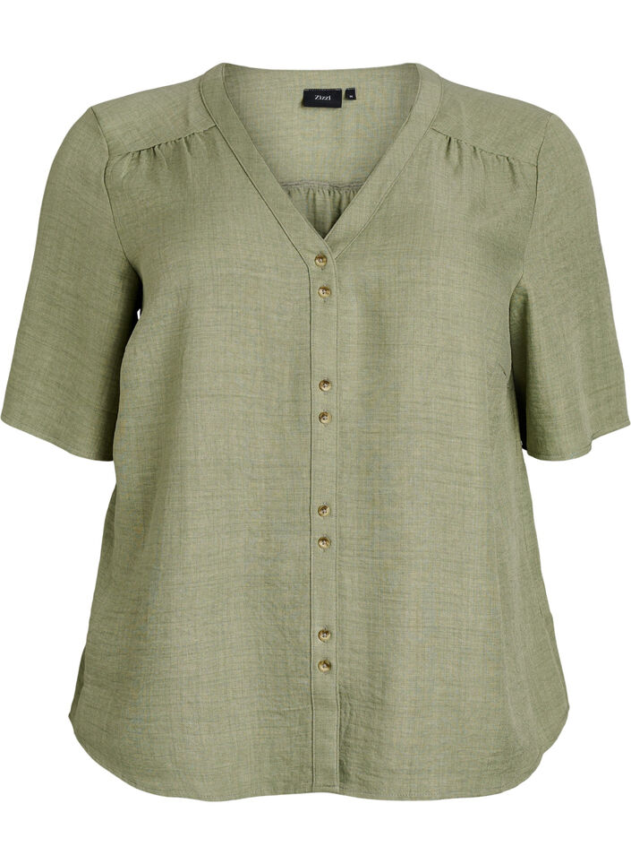 V-neck shirt blouse with short sleeves, Green, Packshot image number 0